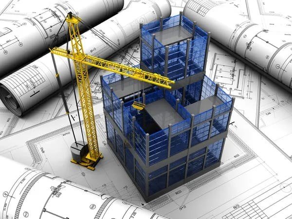 3D structural model of a multi-storey building with a tower crane, standing on rolled architectural blueprints