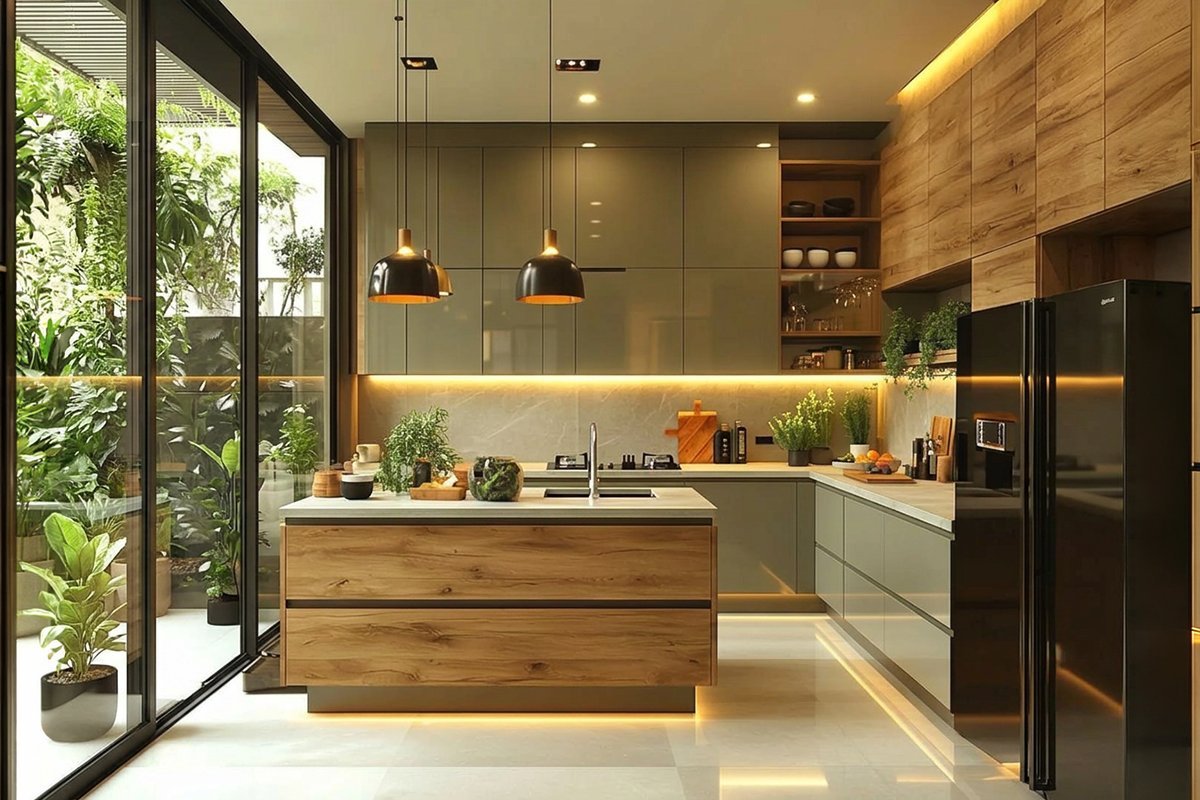 Sage Gloss Kitchen with Wood Island and Garden View