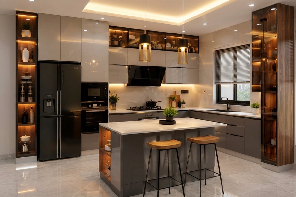Island Kitchen with Backlit Glass Display Towers