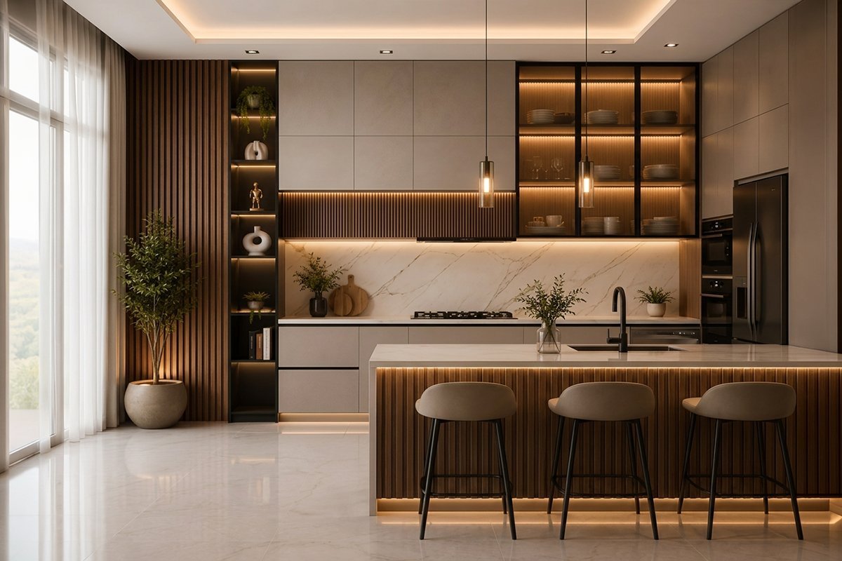 Fluted Wood and Marble Peninsula Kitchen