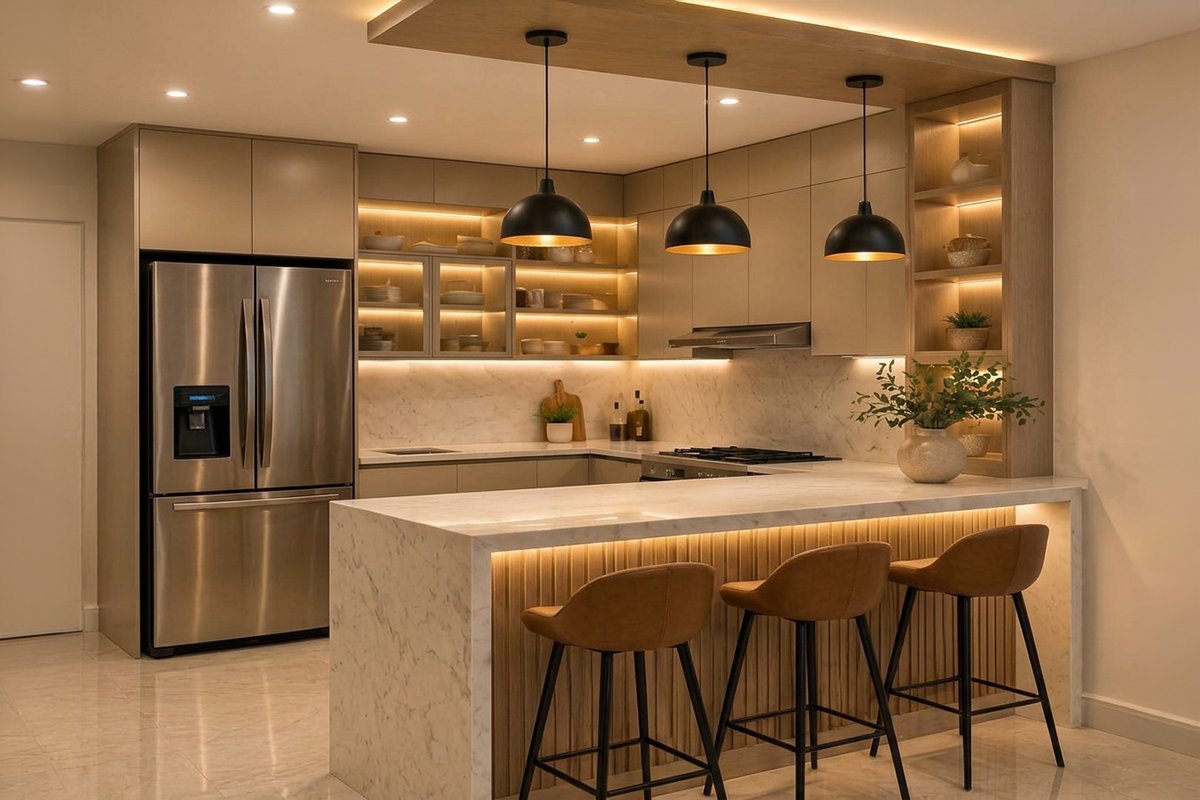 Warm Beige U-Shaped Kitchen with Breakfast Bar