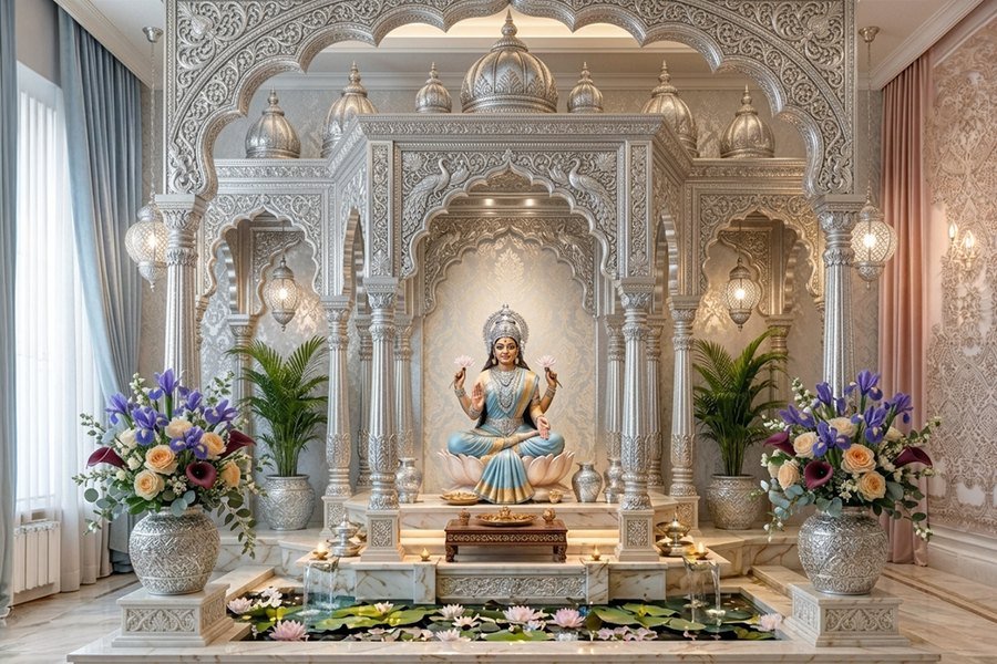 Compact pooja unit with jaali detail
