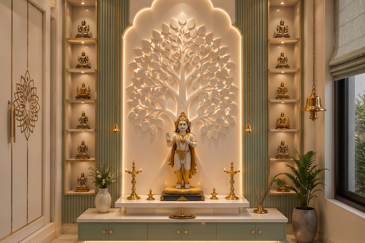 Illuminated Pooja room with sacred tree feature wall