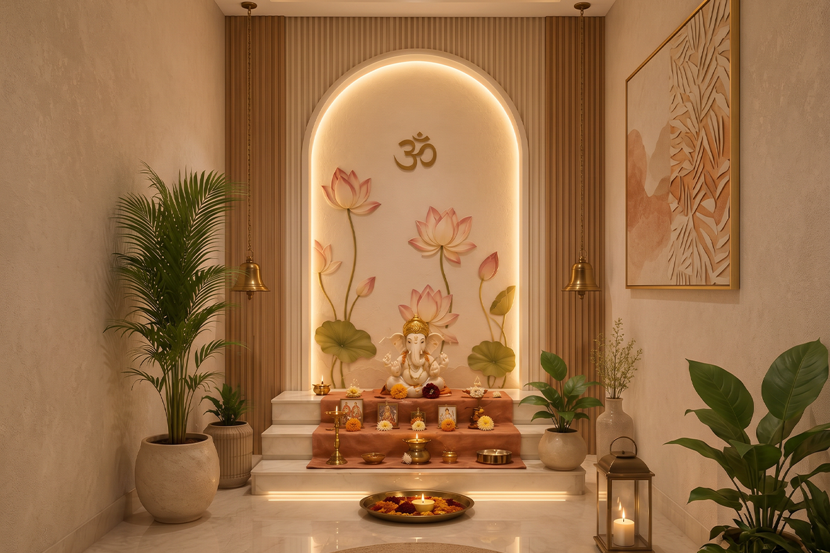 Contemporary Pooja room with lotus feature wall