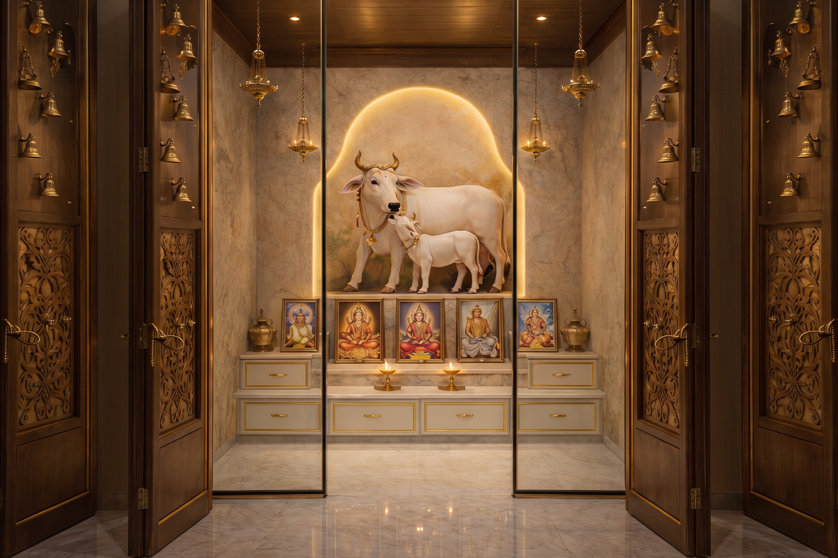Traditional wood Pooja room with carved doors