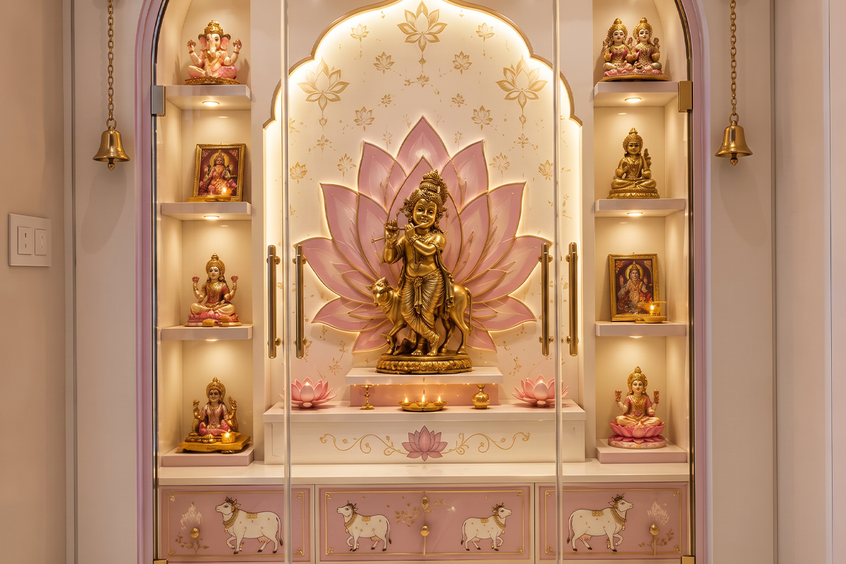 Elegant Krishna mandir with illuminated lotus backdrop