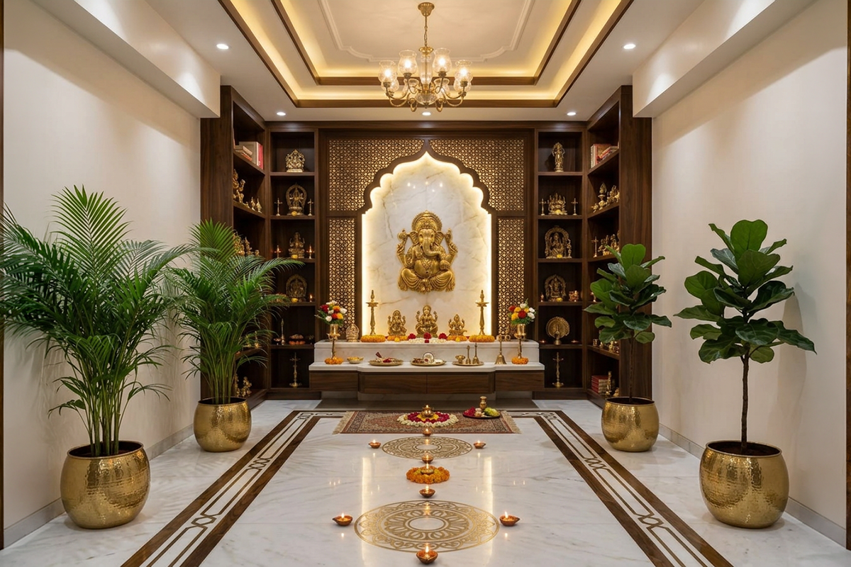 Marble Pooja room with carved Ganesh mandir and jaali backdrop
