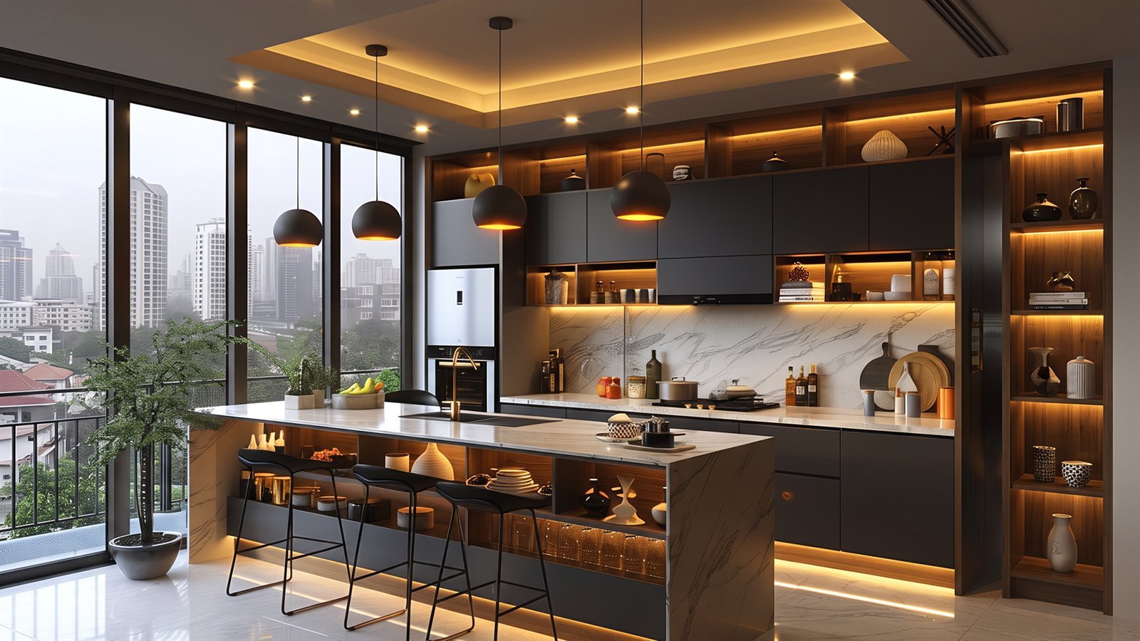 Renovated open kitchen with marble island, dark cabinetry and warm cove lighting by Elite Residencies