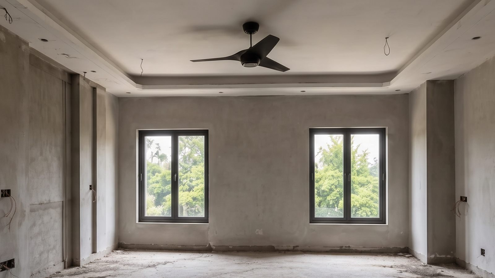 Bare living room shell with unfinished walls and exposed wiring before renovation