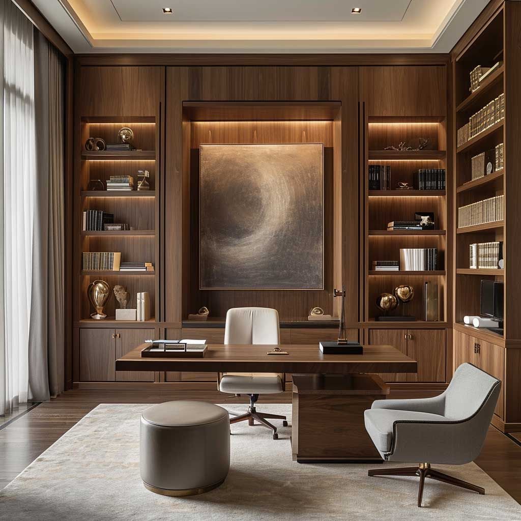 Luxury wood-panelled home office with illuminated shelving
