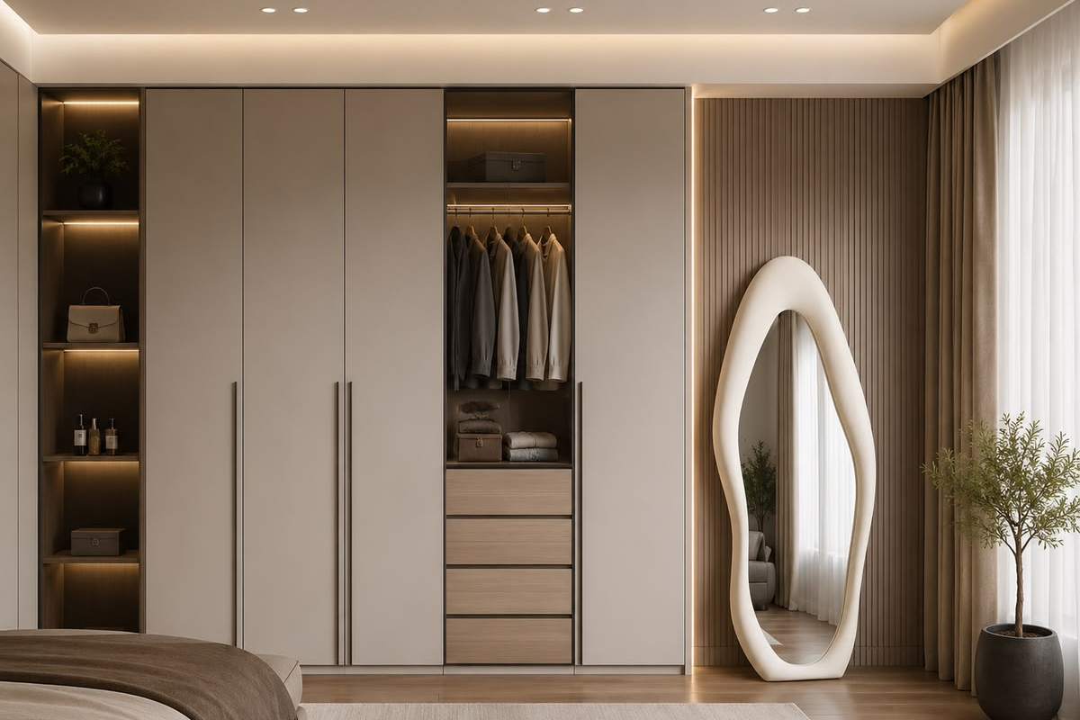 Modern wardrobe with open shelving and sculptural mirror