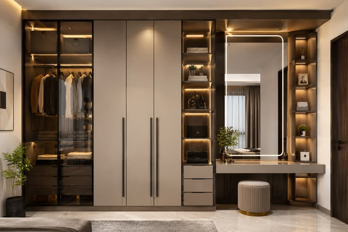 Illuminated wardrobe with integrated dressing table