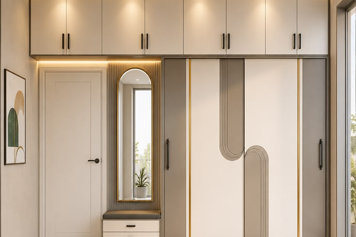 Contemporary wardrobe with overhead storage and mirror