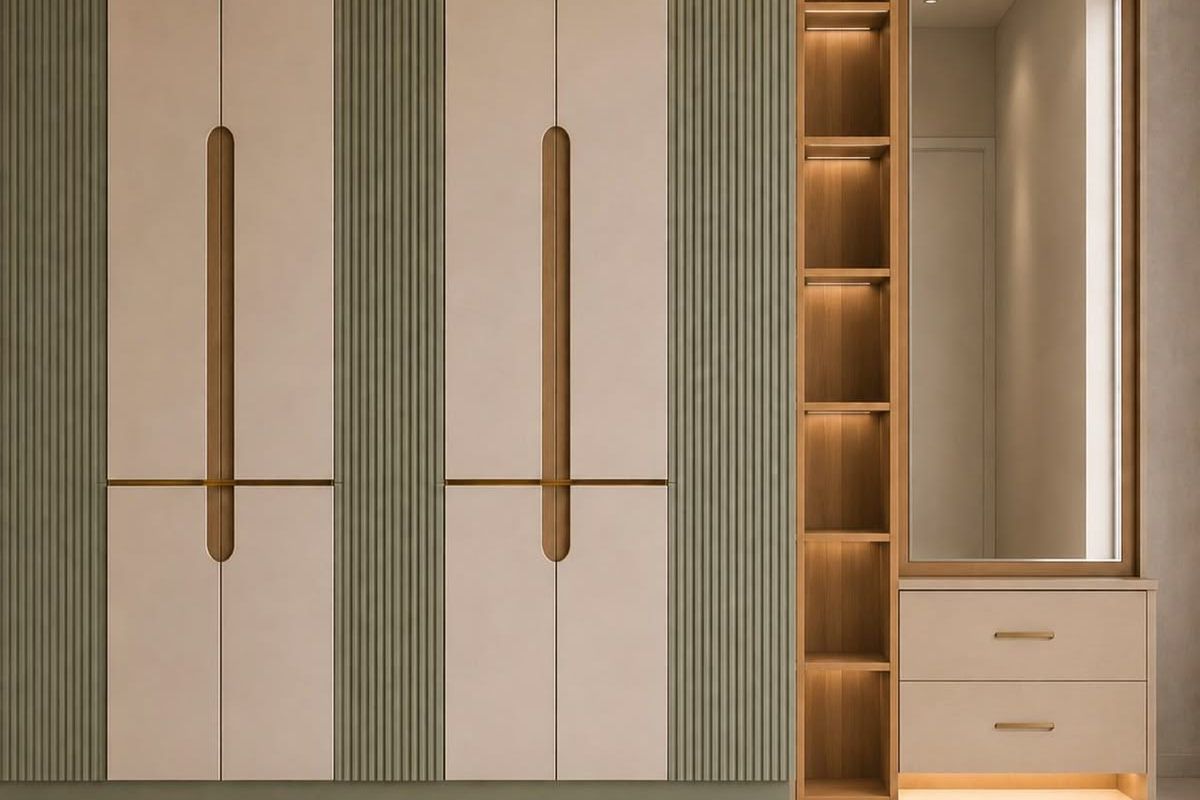 Fluted wardrobe with illuminated display shelves
