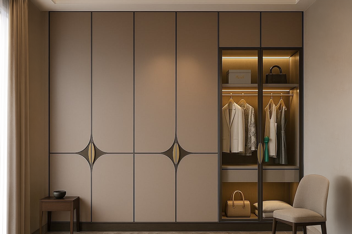 Luxury wardrobe with open illuminated compartments