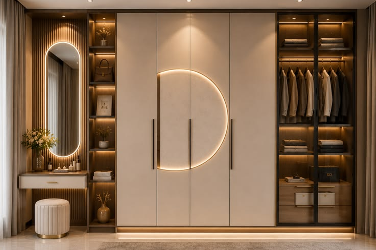 Modern illuminated wardrobe with vanity mirror